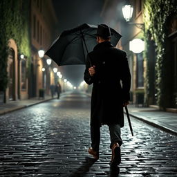A mysterious man walking down a dimly lit street at night, holding a vintage umbrella