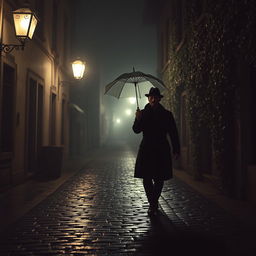 A mysterious man walking down a dimly lit street at night, holding a vintage umbrella