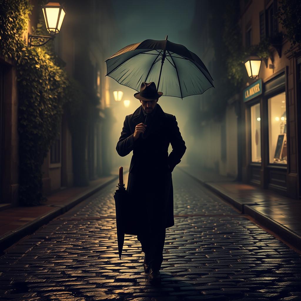 A mysterious man walking down a dimly lit street at night, holding a vintage umbrella