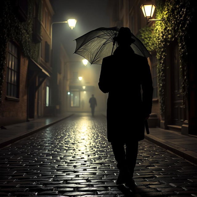 A mysterious man walking down a dimly lit street at night, holding a vintage umbrella