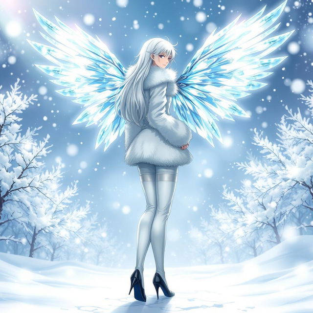 An alluring light novel cover featuring a tall male femboy Winter fairy, exhibiting a dazzling pair of crystal wings that shimmer with icy hues of blue and white