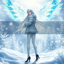An alluring light novel cover featuring a tall male femboy Winter fairy, exhibiting a dazzling pair of crystal wings that shimmer with icy hues of blue and white
