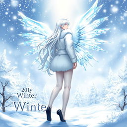 An alluring light novel cover featuring a tall male femboy Winter fairy, exhibiting a dazzling pair of crystal wings that shimmer with icy hues of blue and white