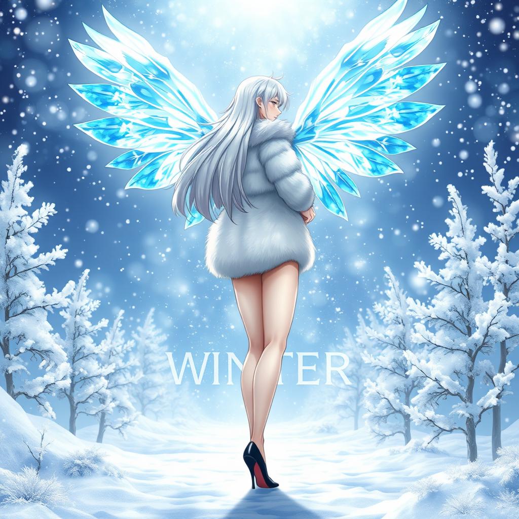 An alluring light novel cover featuring a tall male femboy Winter fairy, exhibiting a dazzling pair of crystal wings that shimmer with icy hues of blue and white