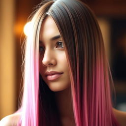 A close-up portrait of a woman with straight long brunette hair, featuring pink ends that transition smoothly into the natural brown color at the top