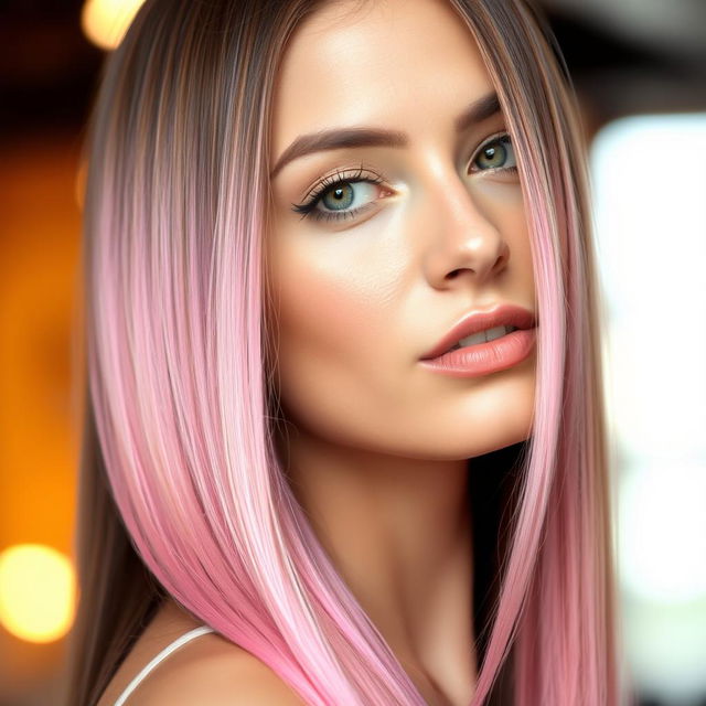 A close-up portrait of a woman with straight long brunette hair, featuring pink ends that transition smoothly into the natural brown color at the top