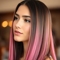 A close-up portrait of a woman with straight long brunette hair, featuring pink ends that transition smoothly into the natural brown color at the top