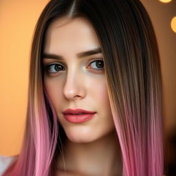 A close-up portrait of a woman with straight long brunette hair, featuring pink ends that transition smoothly into the natural brown color at the top