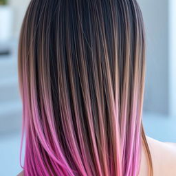 A close-up view of a woman's back showcasing straight, long brunette hair
