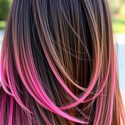 A close-up view of a woman's back showcasing straight, long brunette hair