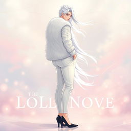 A captivating light novel cover featuring a tall male femboy with striking long white hair that flows elegantly around him