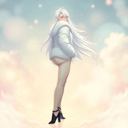 A captivating light novel cover featuring a tall male femboy with striking long white hair that flows elegantly around him