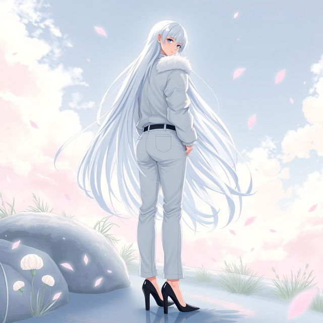 An eye-catching light novel cover featuring a tall male femboy with stunning long white hair that cascades around him, exuding an ethereal charm