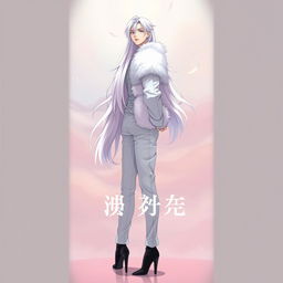 An eye-catching light novel cover featuring a tall male femboy with stunning long white hair that cascades around him, exuding an ethereal charm