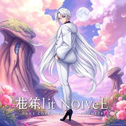 A stunning light novel cover featuring a tall male femboy with luxurious long white hair that gracefully flows around him