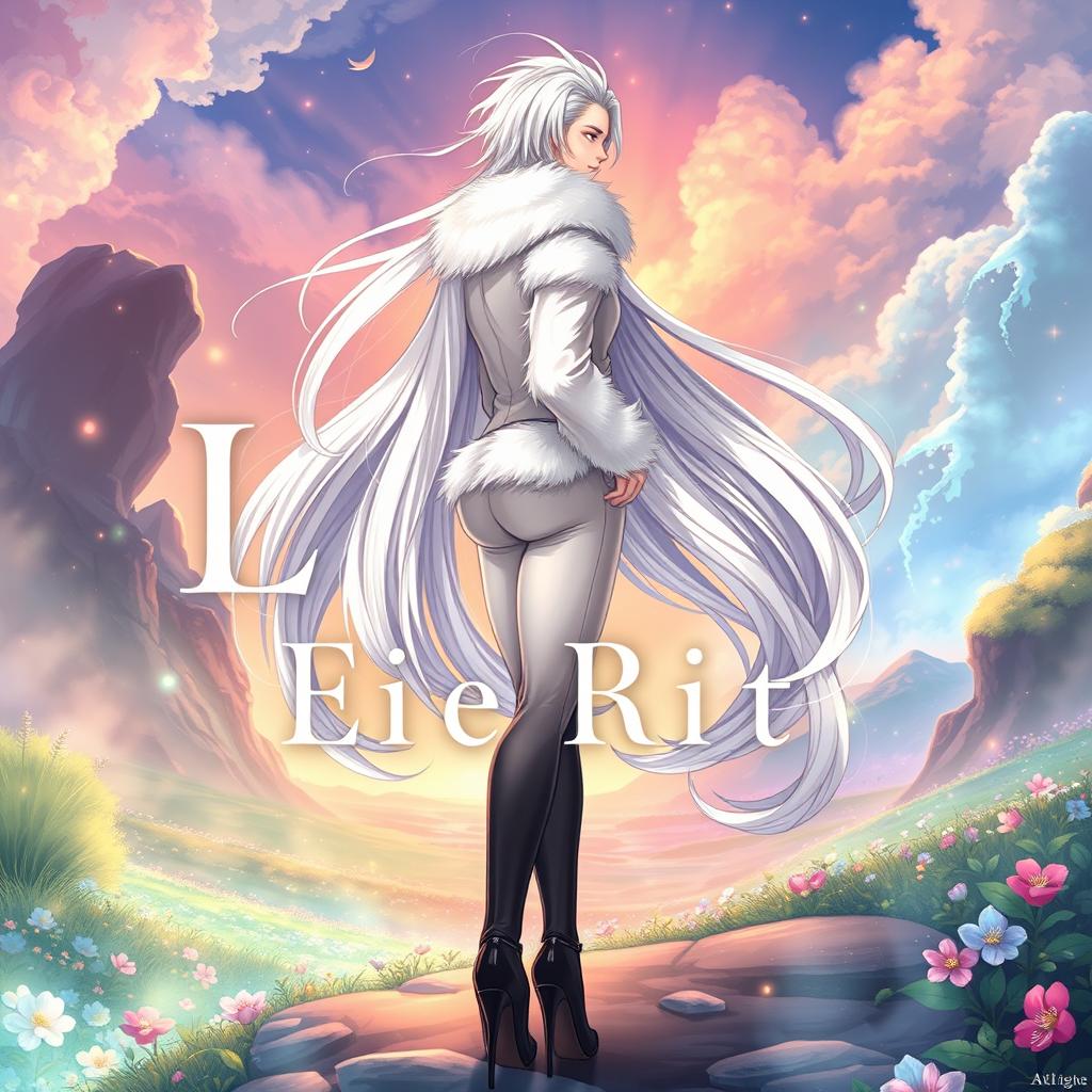 A stunning light novel cover featuring a tall male femboy with luxurious long white hair that gracefully flows around him