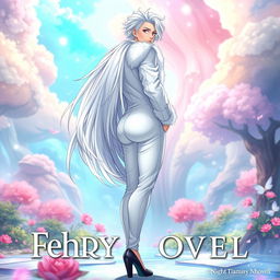 A stunning light novel cover featuring a tall male femboy with luxurious long white hair that gracefully flows around him