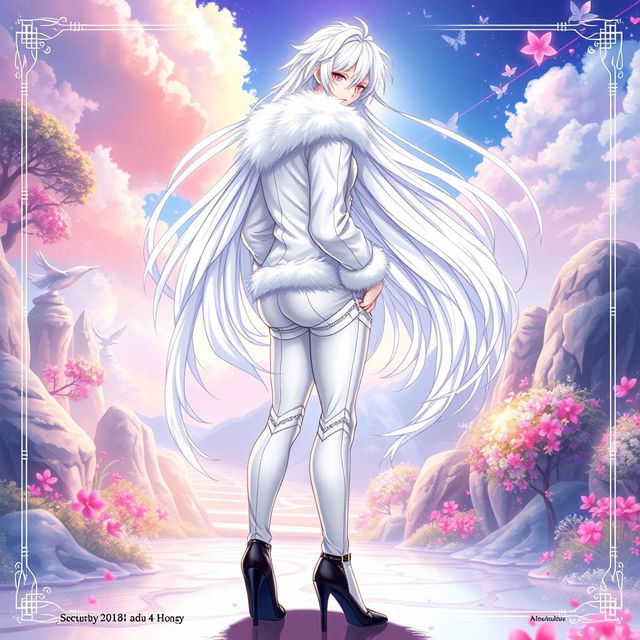 A stunning light novel cover featuring a tall male femboy with luxurious long white hair that gracefully flows around him