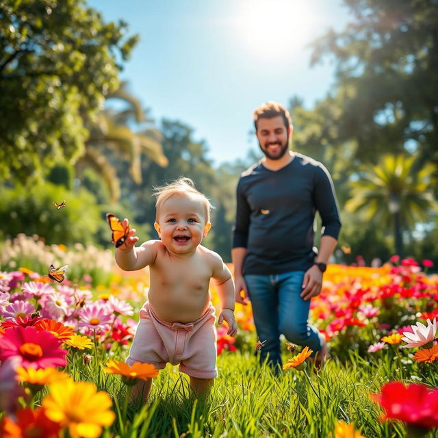 A cheerful scene featuring a baby wearing adorable half pants playing in a vibrant park filled with colorful flowers and lush green grass