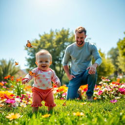 A cheerful scene featuring a baby wearing adorable half pants playing in a vibrant park filled with colorful flowers and lush green grass