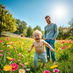 A cheerful scene featuring a baby wearing adorable half pants playing in a vibrant park filled with colorful flowers and lush green grass