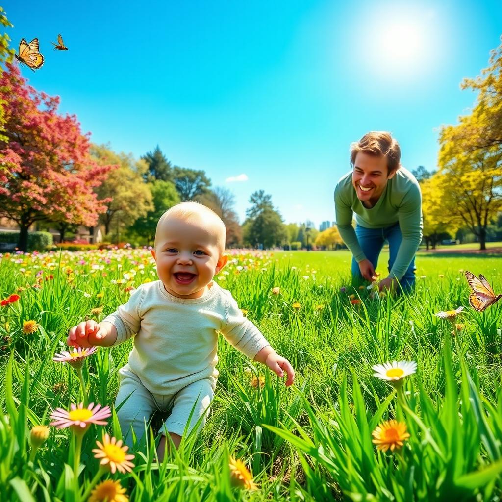 A cheerful scene featuring a baby wearing adorable half pants playing in a vibrant park filled with colorful flowers and lush green grass