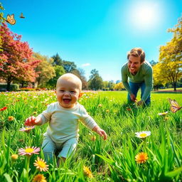 A cheerful scene featuring a baby wearing adorable half pants playing in a vibrant park filled with colorful flowers and lush green grass