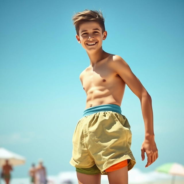 A realistic image of a thin young man wearing oversized underwear that resembles shorts, with a friendly and charming smile
