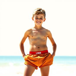 A realistic image of a thin young man wearing oversized underwear that resembles shorts, with a friendly and charming smile