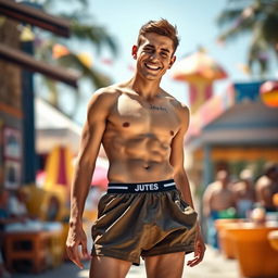 A realistic image of a slim young man wearing oversized underwear that looks like shorts, showcasing a friendly and charming smile