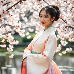 A beautiful Korean woman wearing a traditional hanbok, standing gracefully in a serene garden filled with cherry blossom trees in full bloom