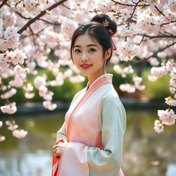 A beautiful Korean woman wearing a traditional hanbok, standing gracefully in a serene garden filled with cherry blossom trees in full bloom