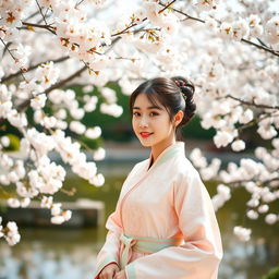 A beautiful Korean woman wearing a traditional hanbok, standing gracefully in a serene garden filled with cherry blossom trees in full bloom