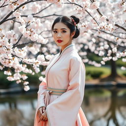 A beautiful Korean woman wearing a traditional hanbok, standing gracefully in a serene garden filled with cherry blossom trees in full bloom