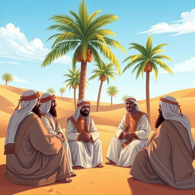 A beautifully illustrated scene depicting a gathering of the companions of the Prophet Muhammad in a serene desert landscape