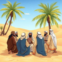 A beautifully illustrated scene depicting a gathering of the companions of the Prophet Muhammad in a serene desert landscape