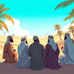 A beautifully illustrated scene depicting a gathering of the companions of the Prophet Muhammad in a serene desert landscape