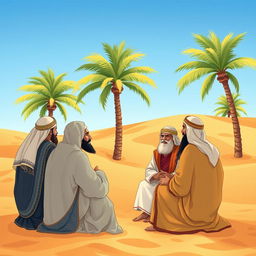 A beautifully illustrated scene depicting a gathering of the companions of the Prophet Muhammad in a serene desert landscape