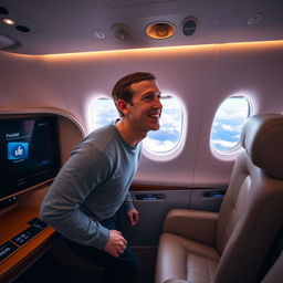 Mark Zuckerberg on a private jet flying towards Bangladesh, looking out of the window with an excited expression