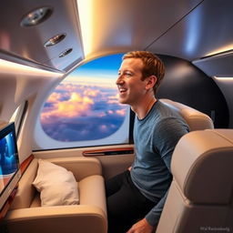 Mark Zuckerberg on a private jet flying towards Bangladesh, looking out of the window with an excited expression