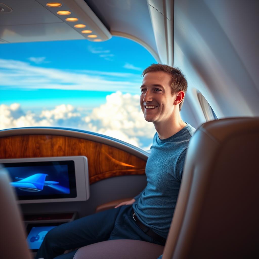 Mark Zuckerberg on a private jet flying towards Bangladesh, looking out of the window with an excited expression