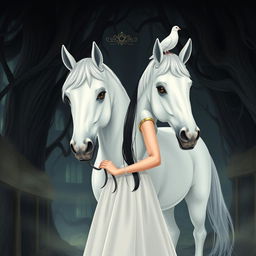 A full-body illustration of a 13-year-old white Brazilian princess with long, straight black hair, dark eyes, and fair skin, wearing a delicate crown