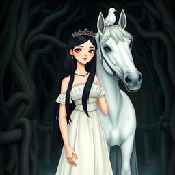 A full-body illustration of a 13-year-old white Brazilian princess with long, straight black hair, dark eyes, and fair skin, wearing a delicate crown