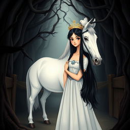 A full-body illustration of a 13-year-old white Brazilian princess with long, straight black hair, dark eyes, and fair skin, wearing a delicate crown