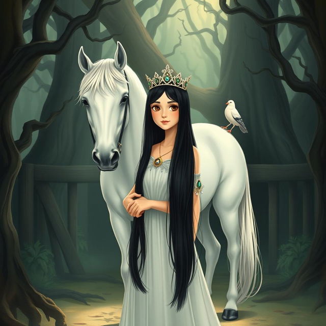 A full-body illustration of a 13-year-old white Brazilian princess with long, straight black hair, dark eyes, and fair skin, wearing a delicate crown