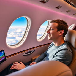 Mark Zuckerberg on a private jet flying towards Bangladesh, looking out of the window with an excited expression