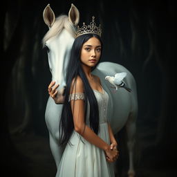 A full-body portrayal of a 13-year-old white Brazilian princess with long, straight black hair, dark eyes, and fair skin, wearing a delicate crown