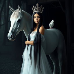 A full-body portrayal of a 13-year-old white Brazilian princess with long, straight black hair, dark eyes, and fair skin, wearing a delicate crown