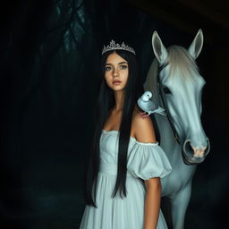 A full-body portrayal of a 13-year-old white Brazilian princess with long, straight black hair, dark eyes, and fair skin, wearing a delicate crown
