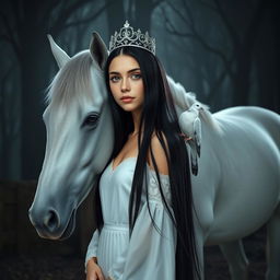 A full-body portrayal of a 13-year-old white Brazilian princess with long, straight black hair, dark eyes, and fair skin, wearing a delicate crown